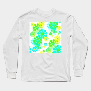 60's Retro Groovy Mod Flowers in Blue, Green and Yellow Long Sleeve T-Shirt